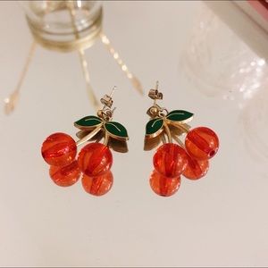 Drop Red Cherry Earrings w/ Gold Enamel Leaves